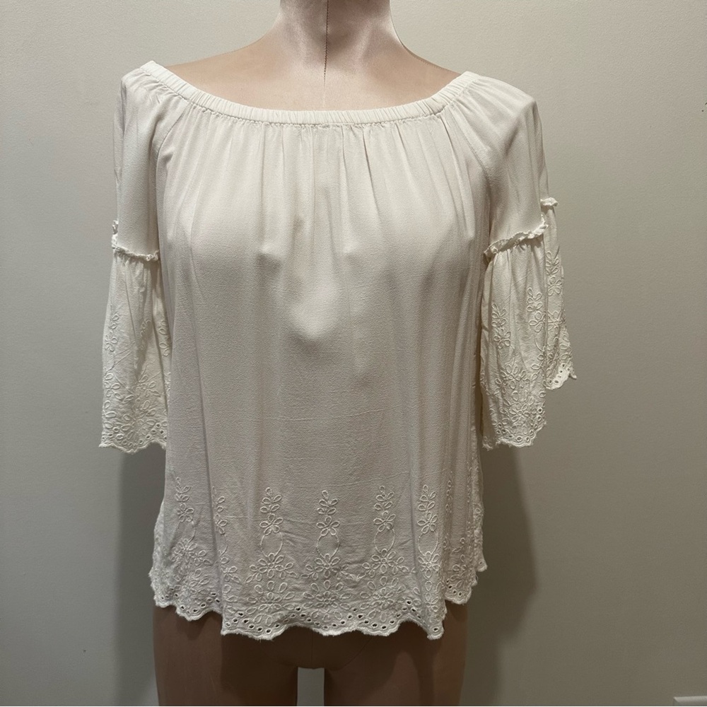 LOFT White Eyelet Trim Off Shoulder Ruffled Peasant Blouse Women’s XS petite